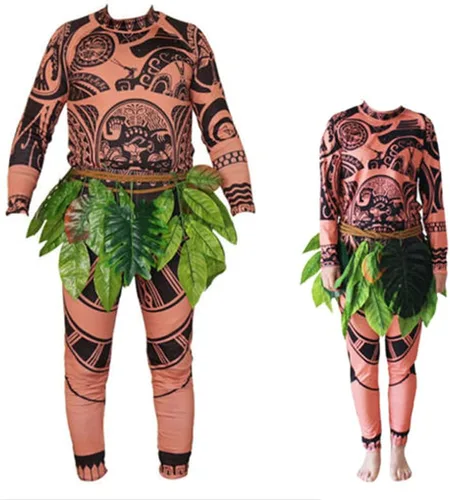 Vista 2 de Wrrkayly Disfraz de tatuaje de Moana Maui para Halloween, camiseta + pantalones + falda de hojas, trajes de Halloween para adultos, disfraz de juego