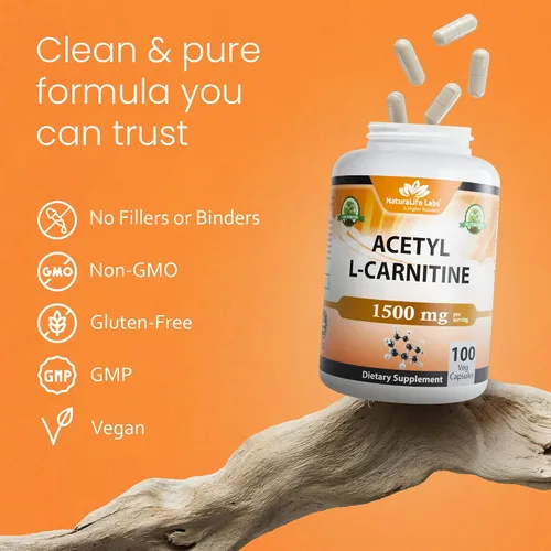 Vista 6 de NaturaLife Labs Acetil L-carnitina (ALCAR) 1500 mg por porción – 100 cápsulas – Sin OMG, sin gluten, vegano