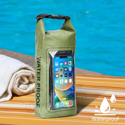 Vista 8 de Bolsa seca impermeable de 2 litros, funda enrollable para teléfono de playa, bolsa seca ligera para natación, kayak, campamento, pesca, viajes, Verde
