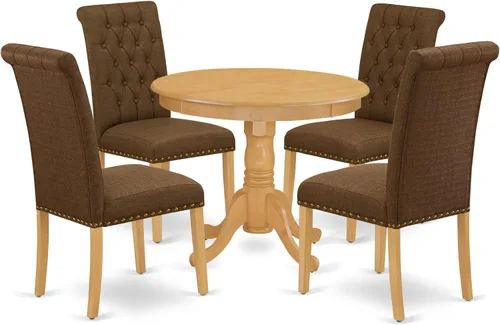 Vista 15 de East West Furniture ANBR3-LWH-02 Juego de mesa de comedor de 3 piezas contiene una mesa de comedor redonda con pedestal y 2 sillas tapizadas de tela