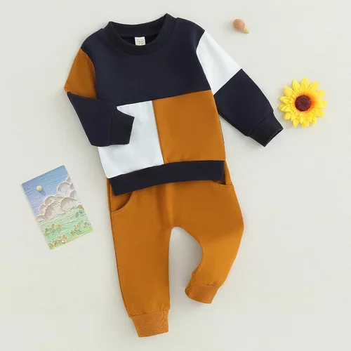 Vista 7 de Ayalinggo Conjunto de sudadera con cuello redondo y bloques de color para bebé y niño pequeño