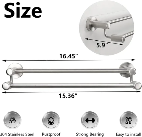 Vista 3 de TocTen Barra Doble para Toallas de Baño - Toallero de Acero Inoxidable SUS304 Reforzado para Baño, Accesorios de Baño Barra Doble para Toallas