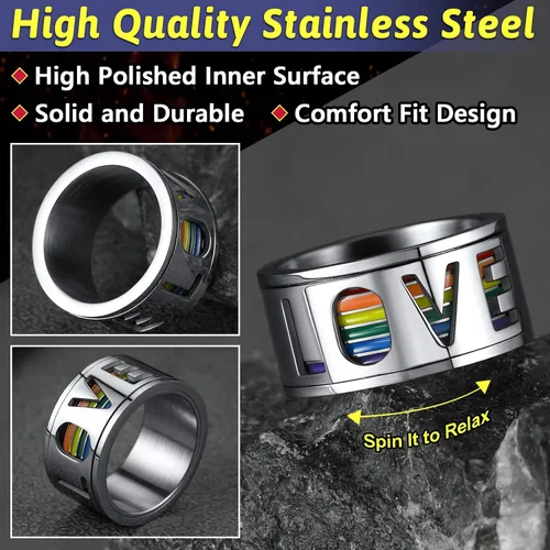 Vista 4 de FaithHeart Anillos para ansiedad LGBT Pride Rainbow, acero inoxidable/chapado en oro de 18 quilates, joyería de amor es amor para hombres y mujeres