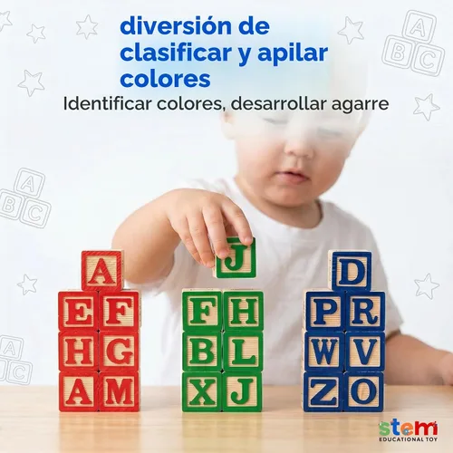 Vista 3 de 30 bloques con letras de colores de Skoolzy Juguete de construcción en madera ABC, para bebés, guarderías y preescolar Bloques de madera de lectura