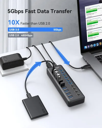 Vista 2 de Wenter Hub USB alimentado, concentrador divisor USB de 10 puertos 3.0 con interruptores LED individuales de encendido/apagado y adaptador USB A-C
