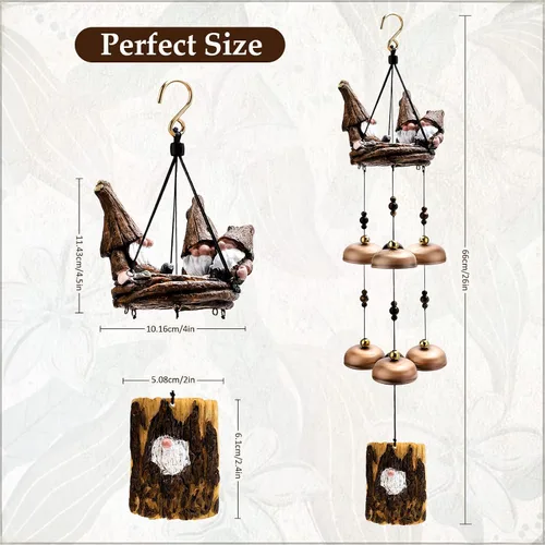 Vista 2 de Campanillas de viento de gnomo para exteriores con 6 campanas más grandes, regalo para mamá, papá, hija, mujeres, decoración al aire libre