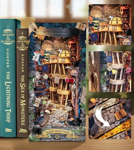 Vista 7 de Spilay - Kit de rincón de libro para adultos, Magic Night Lane DIY Kit de casa en miniatura With Warm LED Light, DIY Wooden Craft for Bookshelf