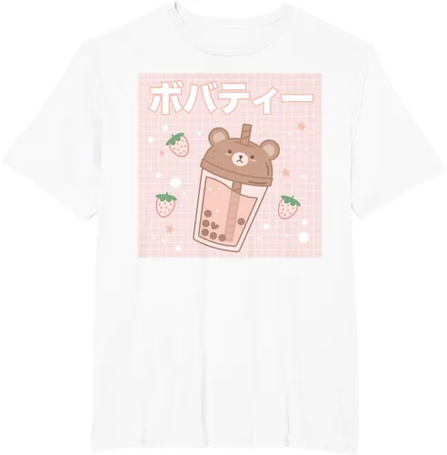 Vista 13 de Camiseta estética Kawaii con diseño de oso lindo y té con leche burbuja, talla S Blanco