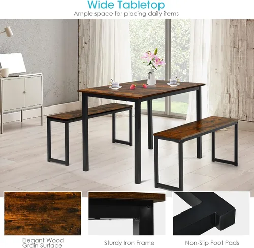 Vista 3 de COSTWAY Juego de mesa de comedor de 3 piezas para 4, mesa de cocina rectangular con 2 bancos, juego de mesa industrial de altura de mostrador