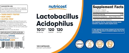 Vista 9 de Nutricost Lactobacillus Acidophilus 10 mil millones de UFC, 120 cápsulas vegetarianas