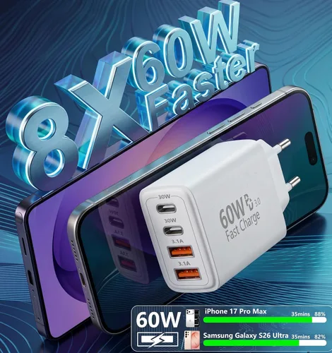 Vista 2 de Adaptador de enchufe de viaje europeo USB C, 60W 4-Port USA a Europa Carga