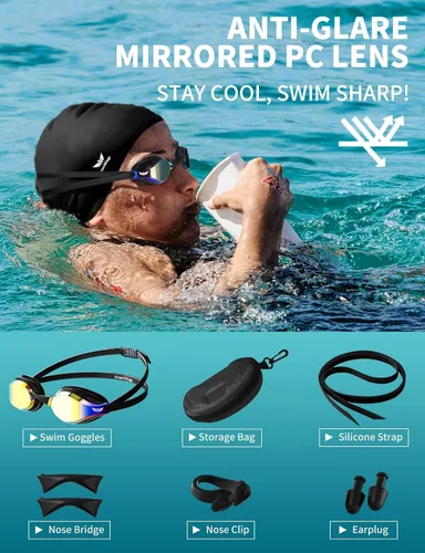Vista 3 de Swim Goggles for Men Women – No Leak Anti-Fog UV HD Wide Vision, Racing & Swimming Goggles Black-Electroplate