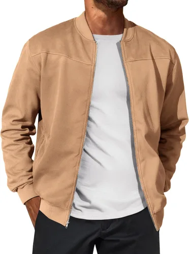 Vista 10 de Runcati Chaqueta bomber de gamuza para hombre, con cremallera completa, casual, softshell, chaqueta universitaria, ligera, vintage, abrigo de otoño