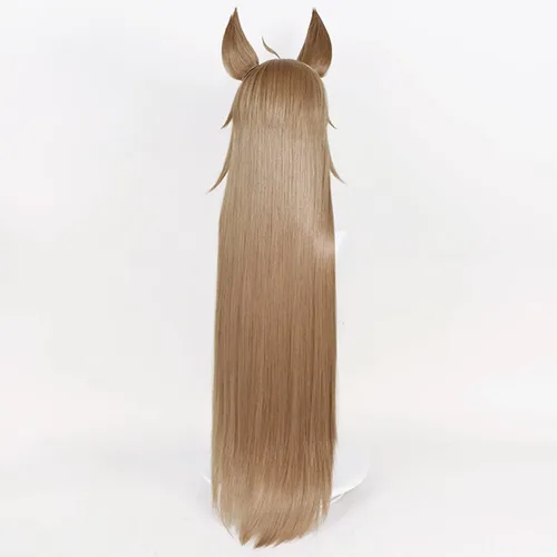 Vista 3 de SL - Peluca marrón con orejas para cosplay, disfraz de anime marrón mezclado con blanco, linda, larga y recta, pelucas de pelo de elfo + gorra