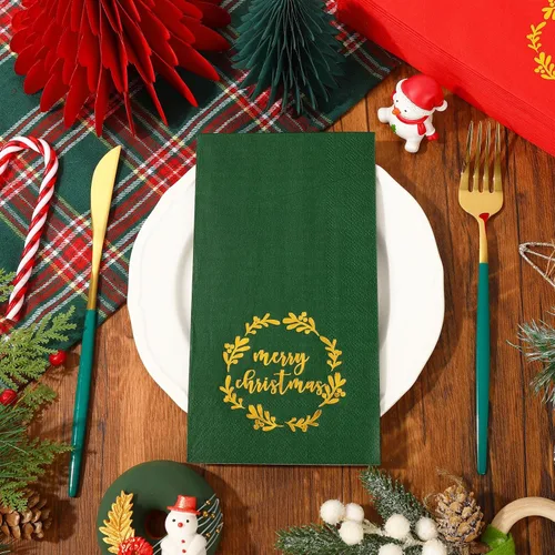 Vista 3 de Whaline Servilletas de Navidad para invitados con corona de papel de aluminio dorado, servilletas desechables de 3 capas, servilletas de baño