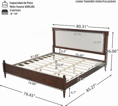 Vista 2 de Merax Base de cama de plataforma de madera maciza tamaño King, cabecera tapizada y eje clásico y con panel de tela, no necesita somier, capacidad