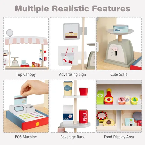 Vista 2 de Costzon Juego de tienda de comestibles para niños, juego de soporte de mercado de simulación para niños pequeños con juguete de juego de 30 piezas