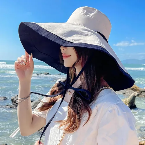 Vista 30 de Sombrero de sol de ala súper ancha para mujer, de algodón, plegable, reversible, con borde con cable, protección UV, verano, playa, viajes, jardín