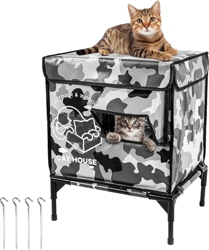 Vista 10 de Casa para gatos al aire libre, refugio elevado indestructible para gatos resistente a la intemperie con puerta de escape, exterior impermeable