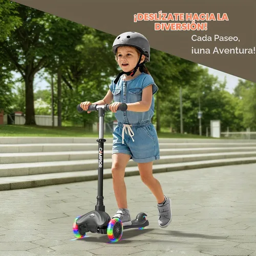 Vista 3 de Mini scooter negro de 3 ruedas para niños, inclinado para dirigir con ruedas con luces LED, manubrio ajustable, cubierta antideslizante ancha