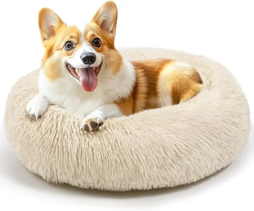 Vista 37 de Hoewina - Cama redonda, calmante, en forma de rosquilla, lavable, esponjosa para interiores, perros y gatos pequeños y medianos, negro, 20 pulgadas