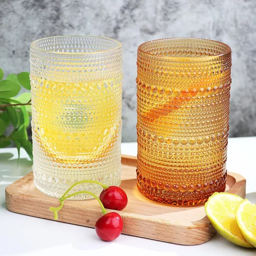 Vista 7 de Juego de 6 vasos de vidrio Lumkit acanalados para beber, juego de cristalería vintage cóctel, vasos para jugo de 13 onzas, ámbar