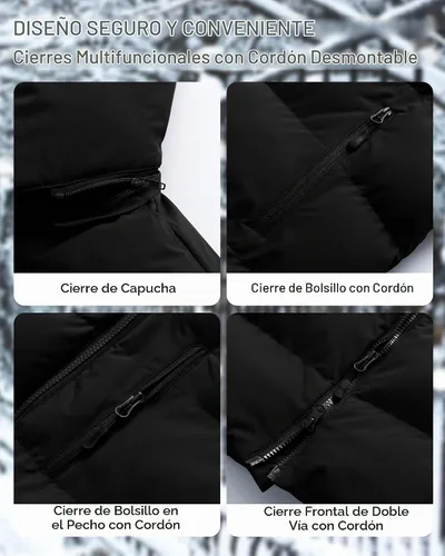 Vista 6 de Abrigo de invierno para hombre, chaqueta larga acolchada impermeable, parka de esquí, ropa exterior gruesa con capucha extraíble Negro