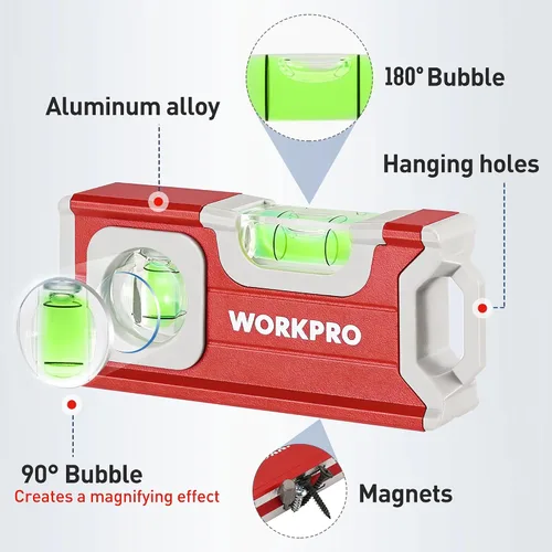 Vista 3 de WORKPRO Nivel pequeño, mini herramienta de nivel de 4-1/2 pulgadas, nivel de bolsillo magnético con 2 burbujas diferentes 90°/180°, construcción