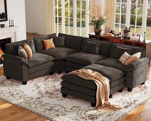 Vista 26 de Sofá modular de gran tamaño de 154 pulgadas, cómodo sofá en forma de U con 3 otomanas móviles, sofá moderno de felpilla de 7 plazas para sala