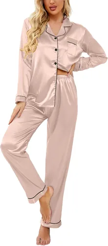 Vista 37 de Ekouaer - Conjunto de pijama de satén de seda clásico con botones para mujer, de manga larga Verde militar