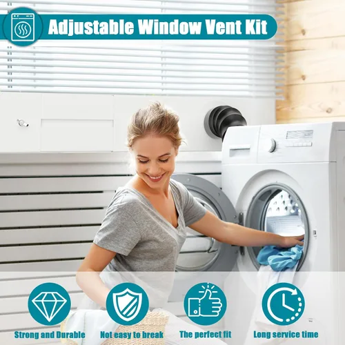 Vista 6 de Kit de ventana de ventilación para secadora, kit de ventilación de ventana ajustable y conector de codo de 90° para manguera de escape de secadora