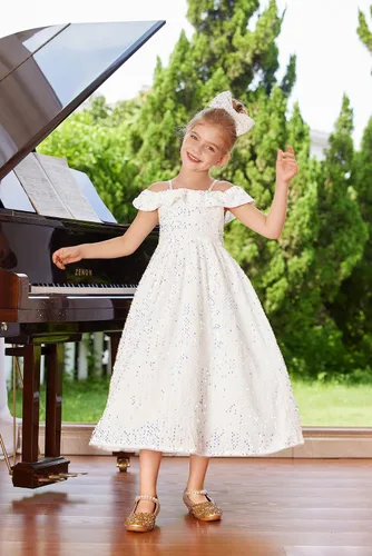 Vista 6 de GRACE KARIN Vestido de niña con hombros descubiertos y lentejuelas brillantes con nudo de lazo, 6-12 años