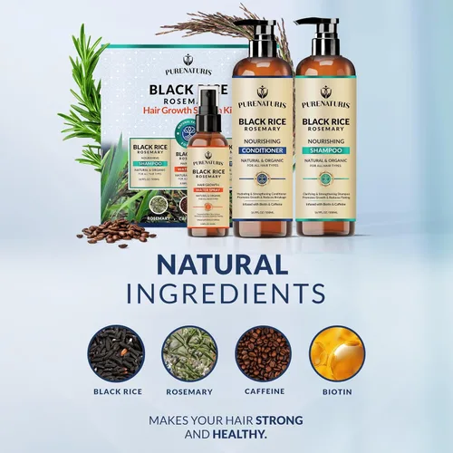 Vista 2 de PureNaturis Champú orgánico de agua de arroz negro con romero para el crecimiento del cabello, spray de agua de arroz, con agua de romero, biotina
