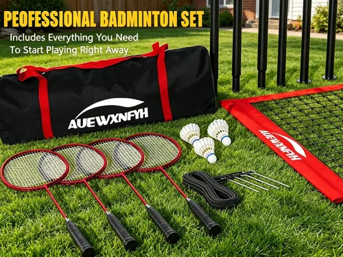 Vista 5 de Juego de bádminton para patio trasero: red portátil para exteriores con 4 raquetas de rendimiento, 3 volantes y línea de límite, juego completo