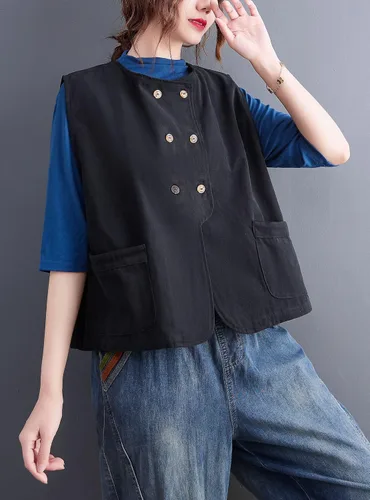 Vista 3 de DOVWOER - Chaleco holgado estilo vintage para mujer con botones y 2 bolsillos