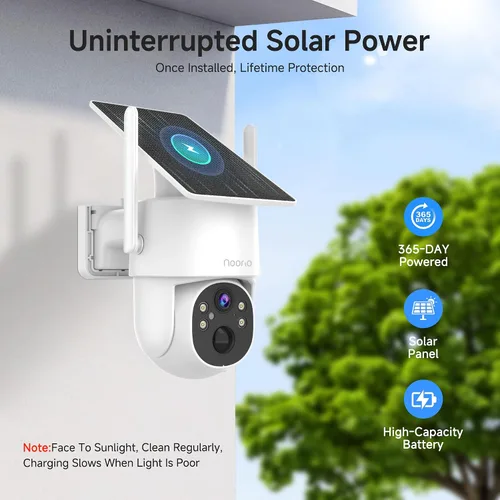 Vista 6 de Noorio Cámara de seguridad solar 2K inalámbrica para exteriores, inclinación panorámica de 360°, WiFi 6 de doble banda 2.4/5GHz, visión nocturna a