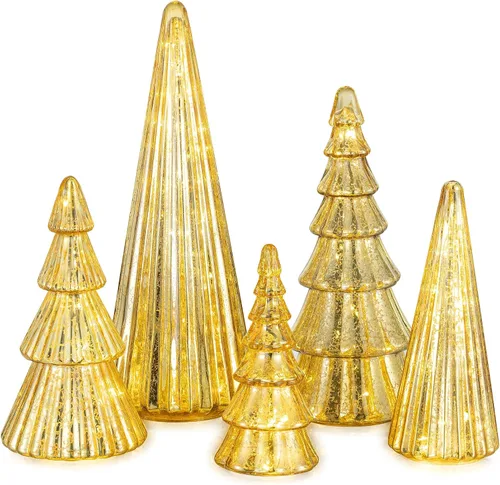 Vista 11 de Glasseam Centros de mesa de Navidad dorados para mesa: juego de 3 árboles de Navidad de vidrio de mercurio con luces, árboles de Navidad de mesa