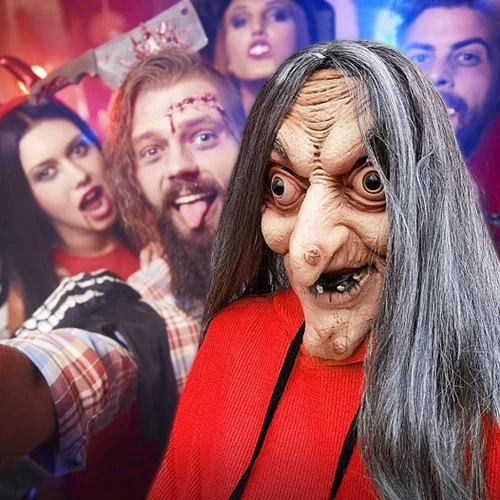 Vista 4 de Máscara de látex humano de cabeza completa para mujer, máscara realista de látex para Halloween, máscara facial de terror para mujeres mayores