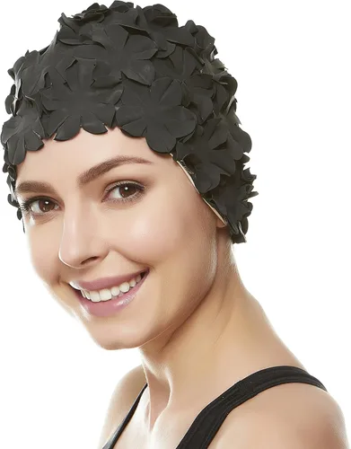 Vista 4 de Gorro de baño floral de pétalo para damas BEEMO, gorra de natación retro para mujeres, pelo largo/corto