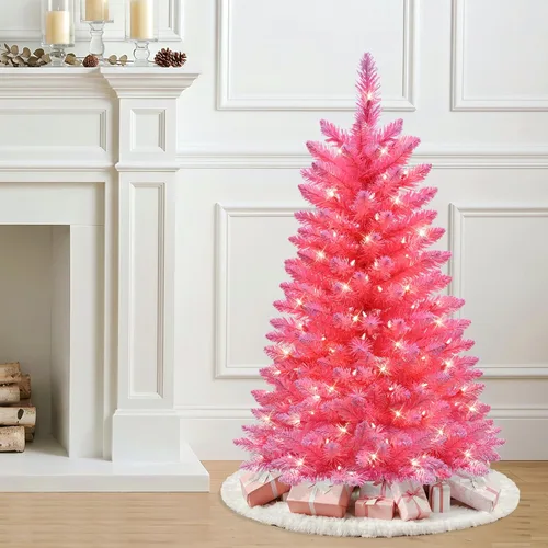 Vista 2 de Puleo International - Árbol de Navidad de pino rosa preiluminado de 4 pies