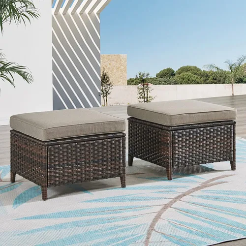 Vista 5 de Reposapiés otomanos para exteriores, 2 piezas, reposapiés otomano de mimbre de ratán con cómodos cojines para patio, porche, terraza, balcón, jardín