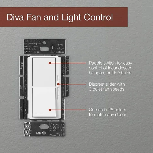 Vista 3 de Lutron Diva Control de ventilador e interruptor de luz de 3 velocidades, un polo, ventilador de 1.5 A/LED 1A, DVFSQ-LF-IV, marfil