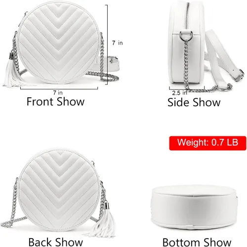 Vista 6 de Realer Bolso bandolera redondo con borla circular para mujer, cartera pequeña de noche con cadena