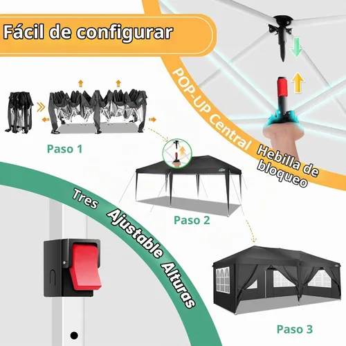 Vista 4 de COBIZI Toldo desplegable de 10 x 20 pulgadas con 6 paredes laterales, una Negro