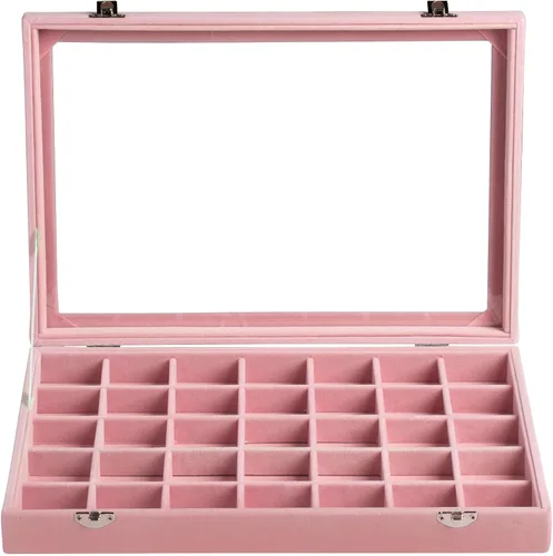 Vista 2 de Frebeauty Bandeja de terciopelo para joyas, organizador de joyas de 35 rejillas con tapa transparente, organizador de aretes con cierre de cajón
