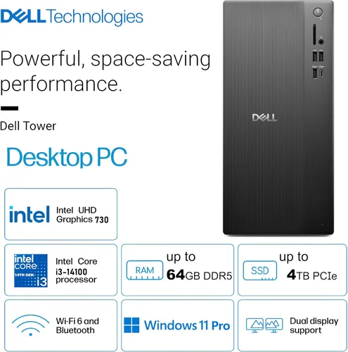 Vista 2 de Dell ECT1250 - Computadora de escritorio torre para multitarea definitiva en el hogar y la oficina, CPU Intel de 4 núcleos de 14ª