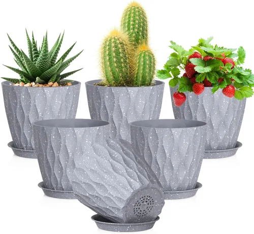Vista 21 de Meowell Macetas pequeñas de plástico de 4 pulgadas, macetas de plántulas, juego de 5 macetas de ondas de agua para plantas de interior, macetas