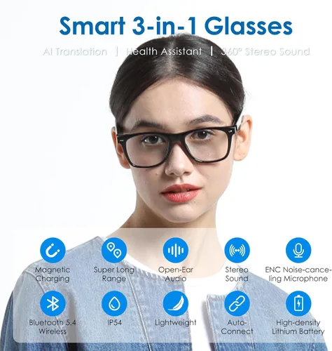 Vista 2 de GetD Lentes inteligentes de acetato 2026, ChatGPT y traductor en tiempo real de 145 idiomas, gafas Bluetooth con lente transparente, duración