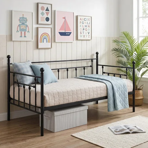 Vista 12 de VECELO - Marco de sofá cama de tamaño individual con soporte de listones de acero, cabecero, plataforma de cama para sala de estar, habitación