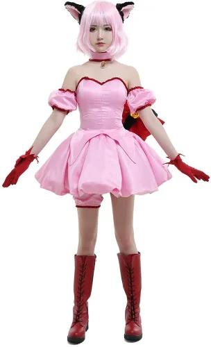 Vista 4 de miccostumes Disfraz de anime para mujer, vestido corto rosa transformado con orejas de gato y cola